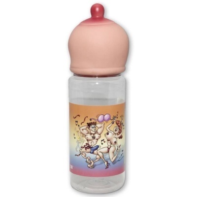 Garrafa transparente com tampa em silicone e ilustração colorida de adultos dançando.