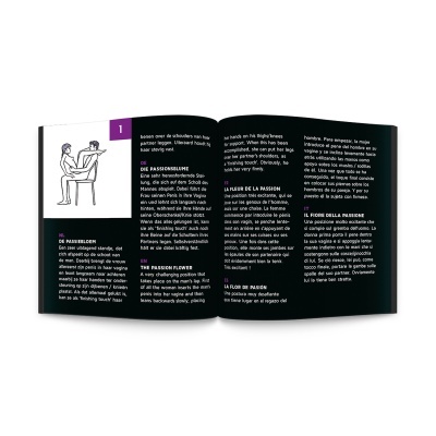 Livro aberto com texto multilíngue e ilustração de duas pessoas sentadas frente a frente