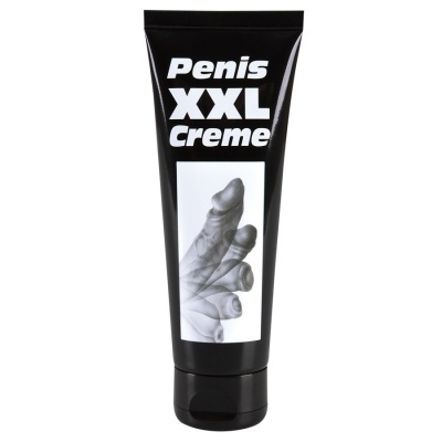 Frasco preto de creme Penis XXL com imagem de punho várias vezes