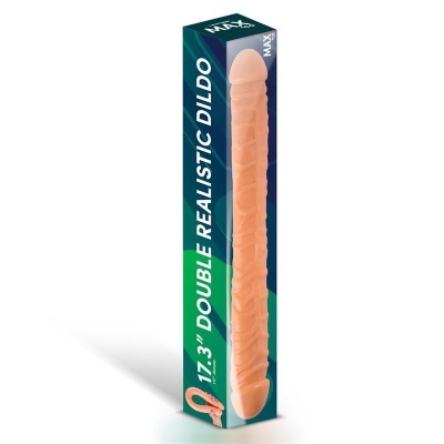 Dildo duplo realista em embalagem azul e verde com texto 17.3 DOUBLE REALISTIC DILDO