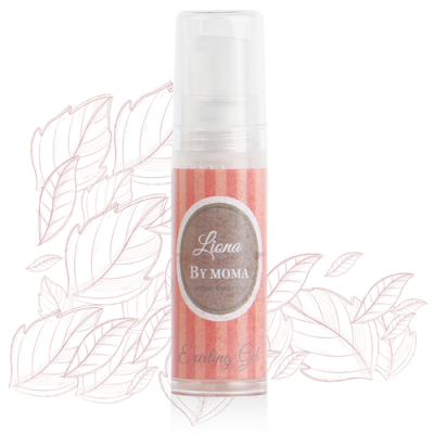 Frasco pequeno doseador c/ gel Liena BY MOMA Exciting Gel fundo branco e folhas desenhadas