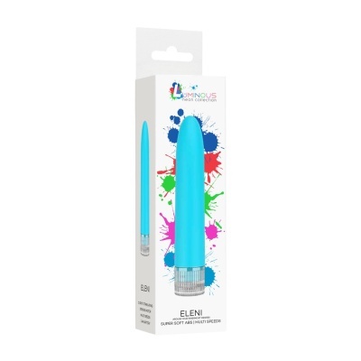 Embalagem branca com vibrador azul e texto colorido LUMINOUS neon collection