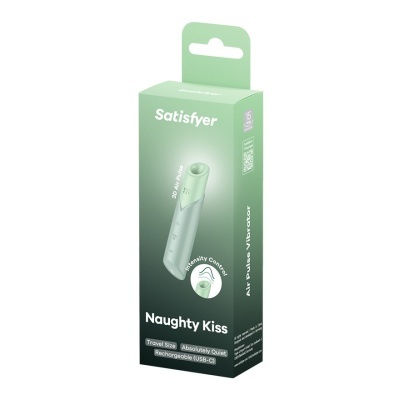 Embalagem verde do vibrador Satisfyer Naughty Kiss com texto informativo