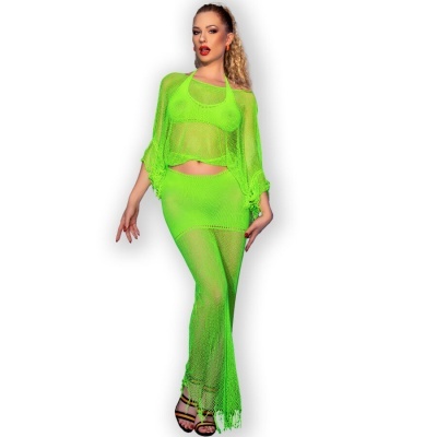 Conjunto de roupa feminina verde neon de malha transparente com franjas na barra