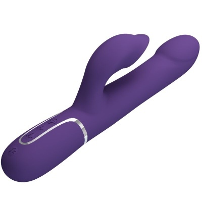 Vibrador roxo com duas pontas e botões de controlo