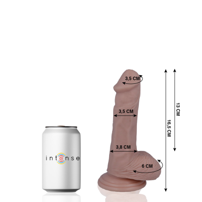 Dildo em silicone castanho claro com medidas ao lado de uma lata branca com texto intense colorido