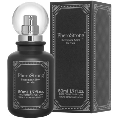 Perfume para homem PheroStrong com frasco e embalagem preta e tampa transparente