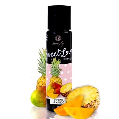 Frasco de gel com rótulo de ananás e manga e frutos frescos ao lado