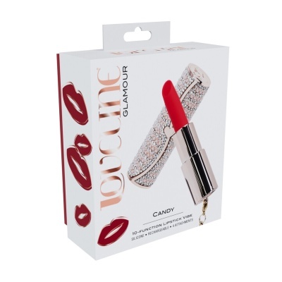 Embalagem branca com batom vermelho e texto VOUCOUNE GLAMOUR