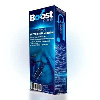 Embalagem azul escura do produto Bboost Pump com imagem de torso masculino e dispositivo na frente