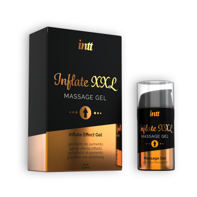 Frasco e embalagem de gel para massagem Inflate XXL em preto e dourado.