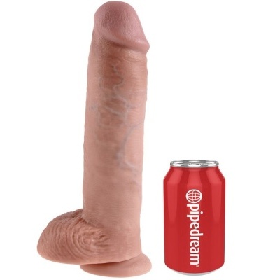 Dildo realista cor da pele ao lado de lata vermelha Pipedream