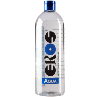 Frasco transparente de líquido com tampa azul e rótulo EROS AQUA