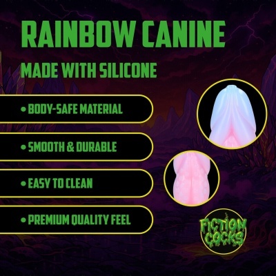 Promoção de produto de silicone Rainbow Canine com texto e imagens do produto