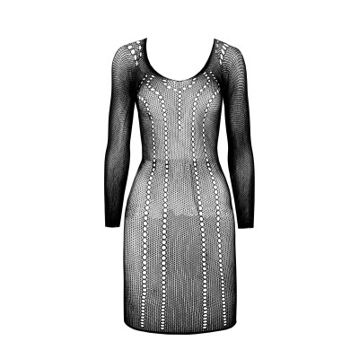 Vestido preto de malha transparente com manga comprida e padrão decorativo em linhas verticais e círculos