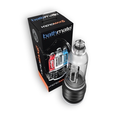 Embalagem preta do produto Bathmate Hydromax5 com dispositivos tubulares coloridos e um dispositivo transparente e preto.