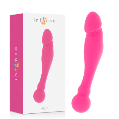 Vibrador rosa em silicone com caixa branca e rosa rotulada intense e RICK