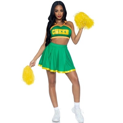 Conjunto de cheerleader verde e amarelo com pompons amarelos