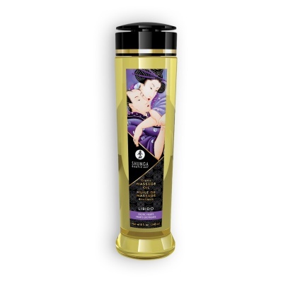 Frasco de óleo de massagem erótico Shunga com etiqueta ilustrativa e tampa preta