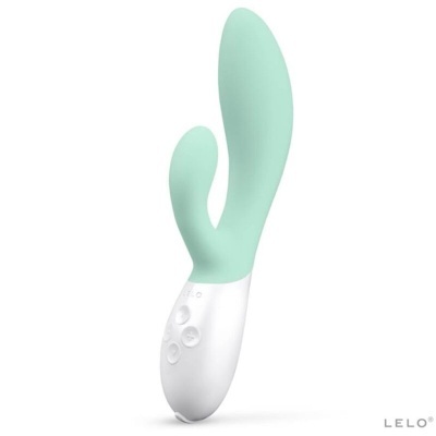 Vibrador azul claro e branco da marca LELO com botões circulares.