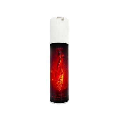 Frasco de gel THOR GEL DE FUEGO FIRE GEL 50 ml com tampa branca e decoração em vermelho e preto