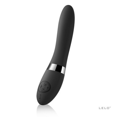 Vibrador preto curvado com botões de controle e marca LELO
