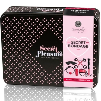 Estojo preto com padrão de pontos rosa e faixa rosa com texto e imagens de acessórios bondage