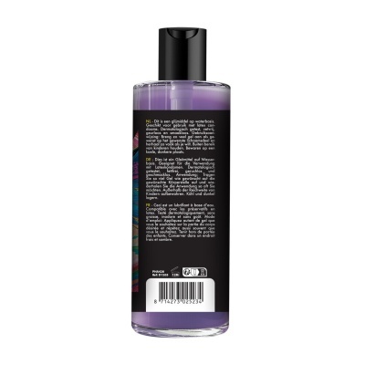 Frasco de gel lubrificante à base de água com rótulo preto e texto multilíngue