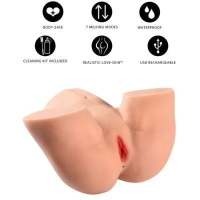 Simulador anatômico em cor pele com abertura vaginal vermelha e ícones informativos sobre características do produto