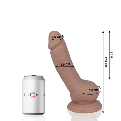 Dildo cor pele com ventosa e medidas ao lado de uma lata branca com texto intense.
