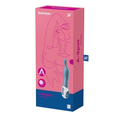 Embalagem rosa e azul do vibrador A-Mazing 1 da Satisfyer com ilustração linear da face de mulher