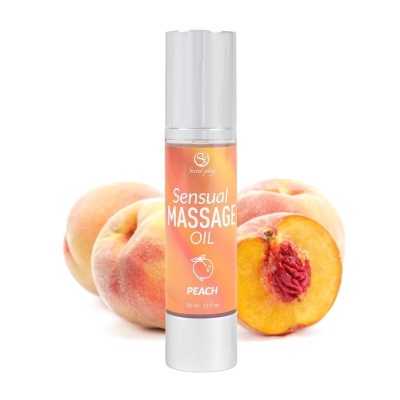 Óleo para massagem sensual de pêssego com três pêssegos frescos ao fundo