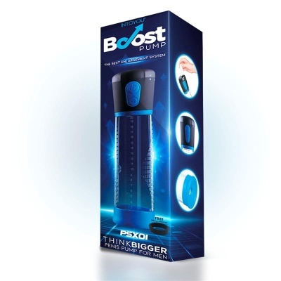 Caixa azul com bomba de aumento masculina Boost Pump e texto promocional.