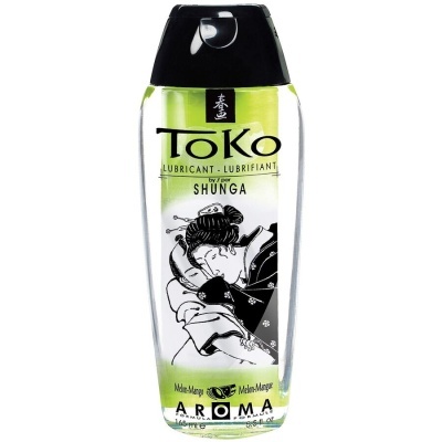 Frasco de lubrificante Toko Shunga aroma Melon-Mango com ilustração oriental