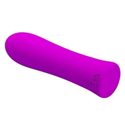 Vibrador roxo de silicone com botão na base e inscrições DC