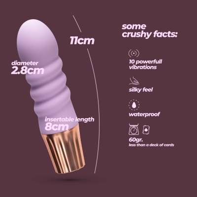 Vibrador lilás com detalhes dourados e texto com medidas e características