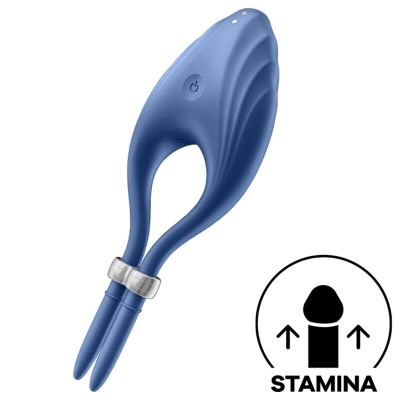Dispositivo azul de silicone com botão e anel metalizado, ícone STAMINA