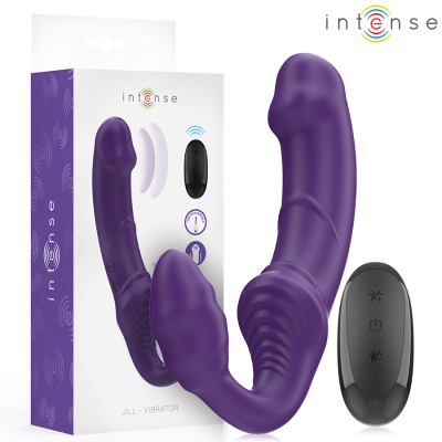 Vibrador roxo duplo com controle preto e embalagem