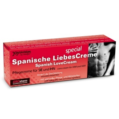 Embalagem do creme Spanish LoveCream em tons de vermelho e preto com torso masculino em preto e branco.