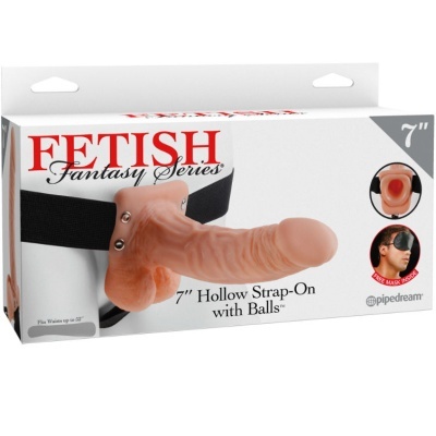 Embalagem de strap-on 7 polegadas oco com bolas e cinta preta da série Fetish Fantasy