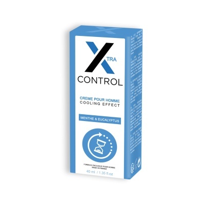 Embalagem de creme para homem azul e branca XTRA CONTROL com texto e símbolo de ampulheta