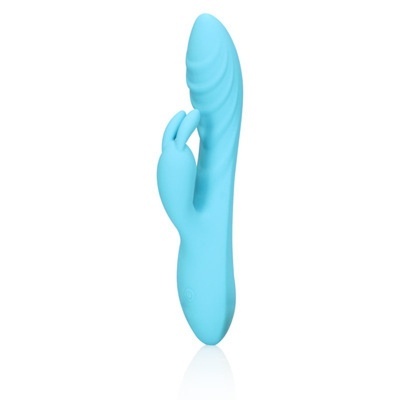 Vibrador azul claro com textura e estimulador em forma de coelho