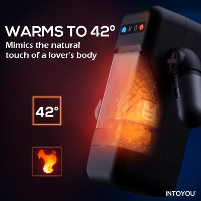Dispositivo preto com painel de controlo iluminado, texto sobre aquecimento até 42 graus e símbolo de fogo