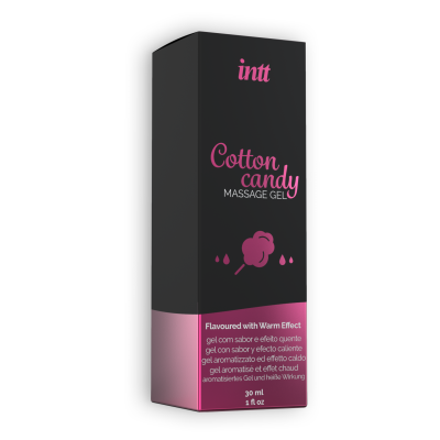 Embala quadrada preta e rosa com texto Cotton candy Massage Gel