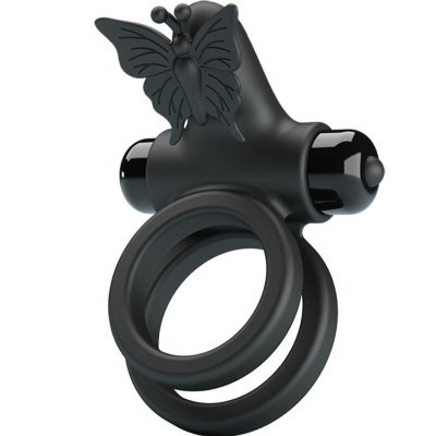 Anel preto em silicone com vibrador e borboleta decorativa