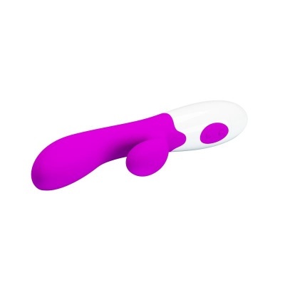 Vibrador cor de rosa com punho branco e botão roxo em fundo branco