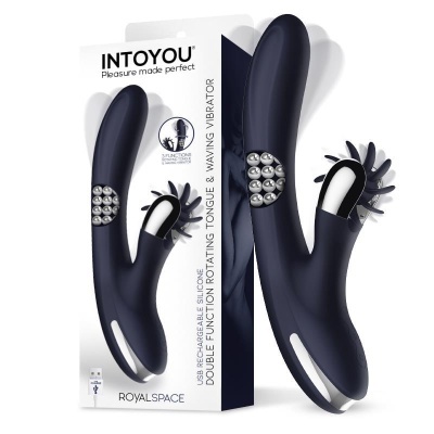 Vibrador duplo de silicone negro com língua rotativa e vibração oscilante