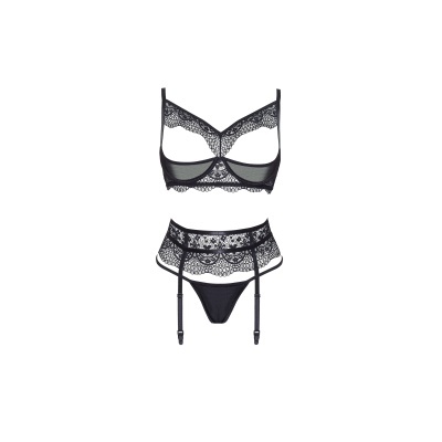 Conjunto de lingerie preto em renda com sutiã, cinta-liga e tanga.