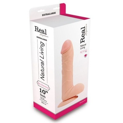 Caixa de embalagem com vibrador realista cor pele e texto em inglês
