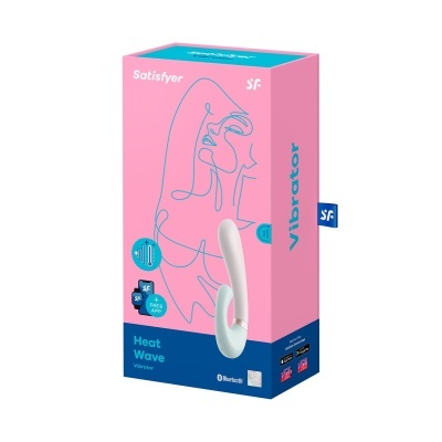 Embalagem rosa e azul de vibrador Satisfyer Heat Wave com desenho minimalista e texto